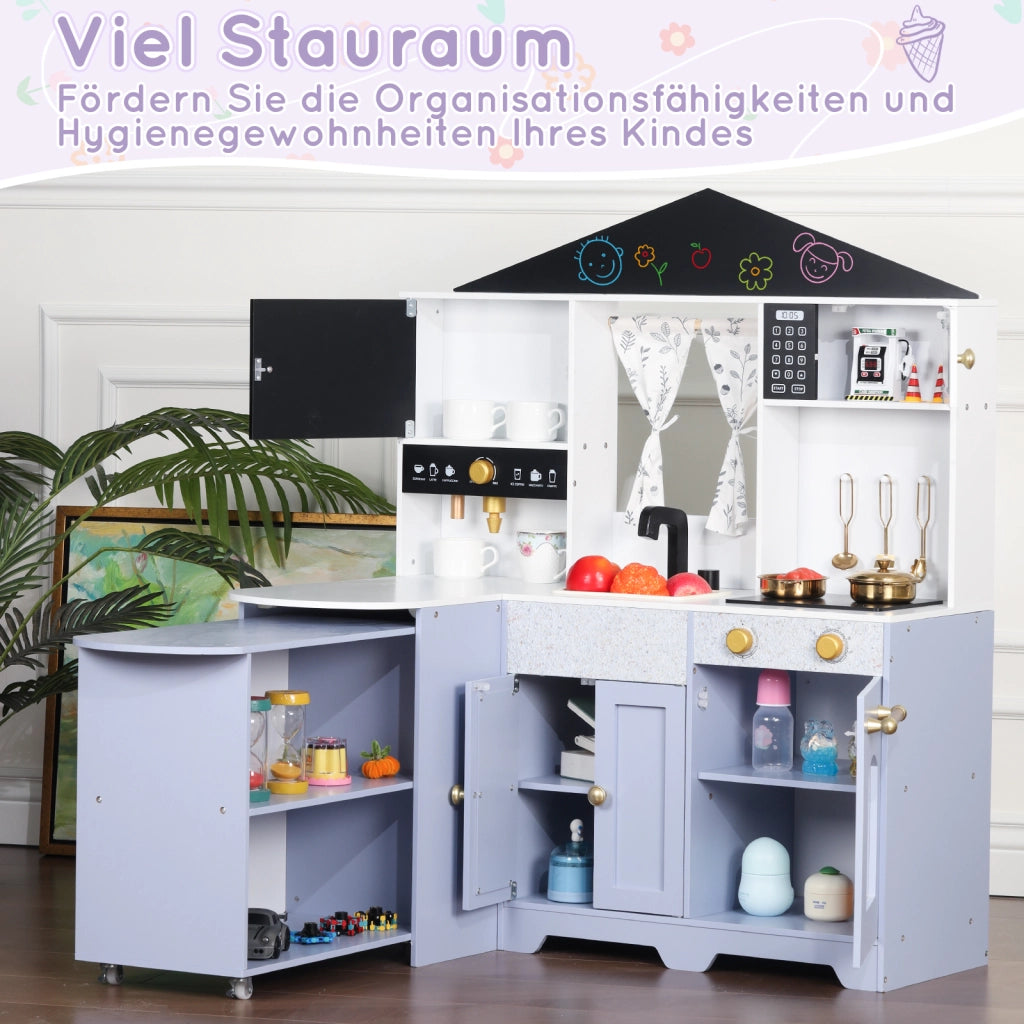 Cucina giocattolo per bambini con lavello, forno, microonde, caffettiera, isola cucina e credenze in MDF lilla