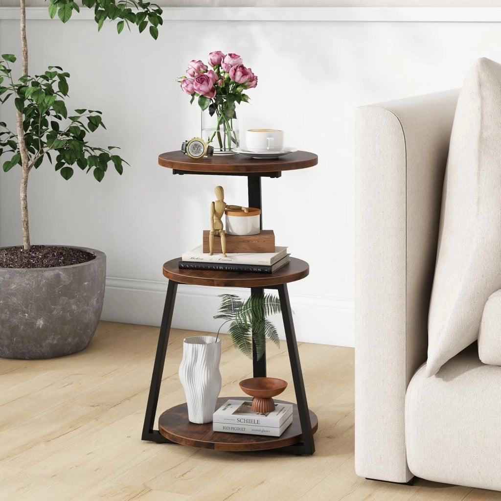 Tavolino a 3 livelli 62 cm, comodino con 3 ripiani in legno, tavolino da caffè con telaio in metallo con piedini regolabili, tavolino rotondo design industriale