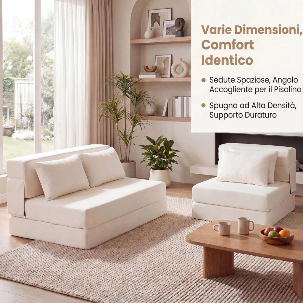 Divano Letto 2 Posti Pieghevole, 3 in 1 Divanetto Trasformabile con 2 Cuscini, Schiuma ad Alta Densità e Rivestimento in Tessuto Chenille, Poltrona Letto per Soggiorno (Beige,72 x 76 x 58 cm)