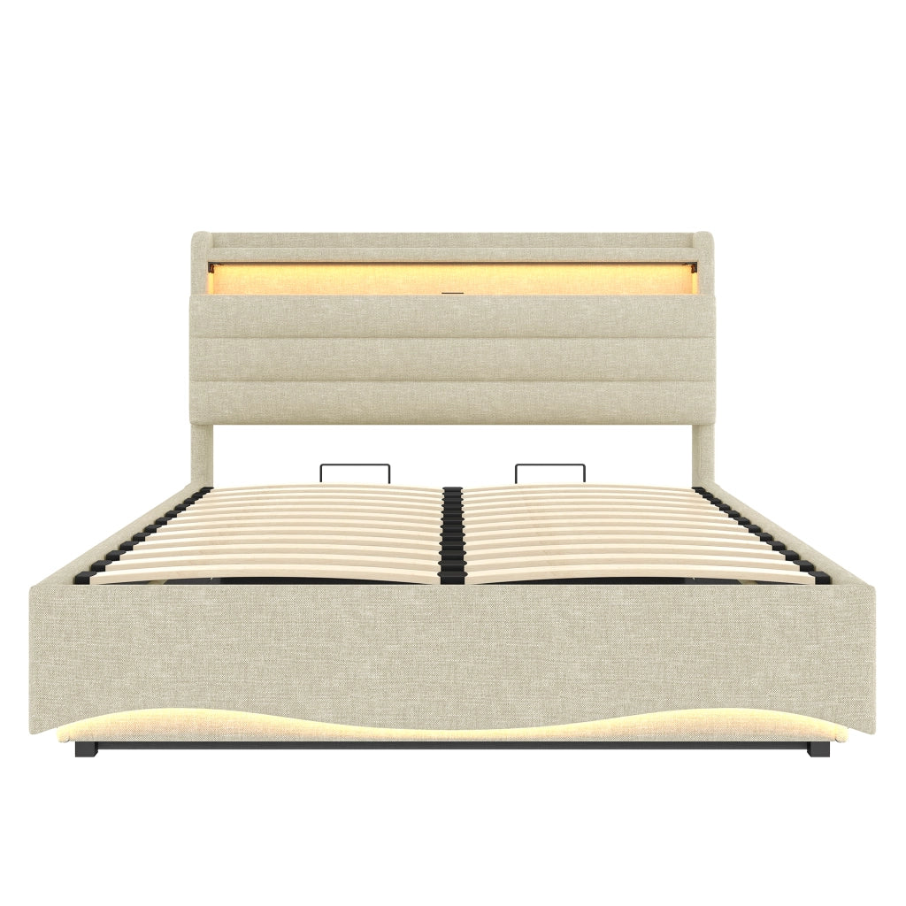 Letti contenitori 140x200 cm con LED e vano contenitore; lino beige (Senza materasso)