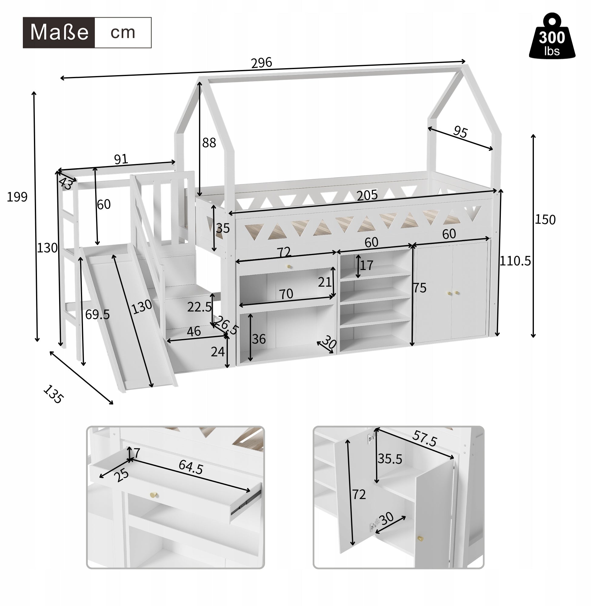 Letto a castello per bambini con scivolo e cassetti - Xylo - 90x200