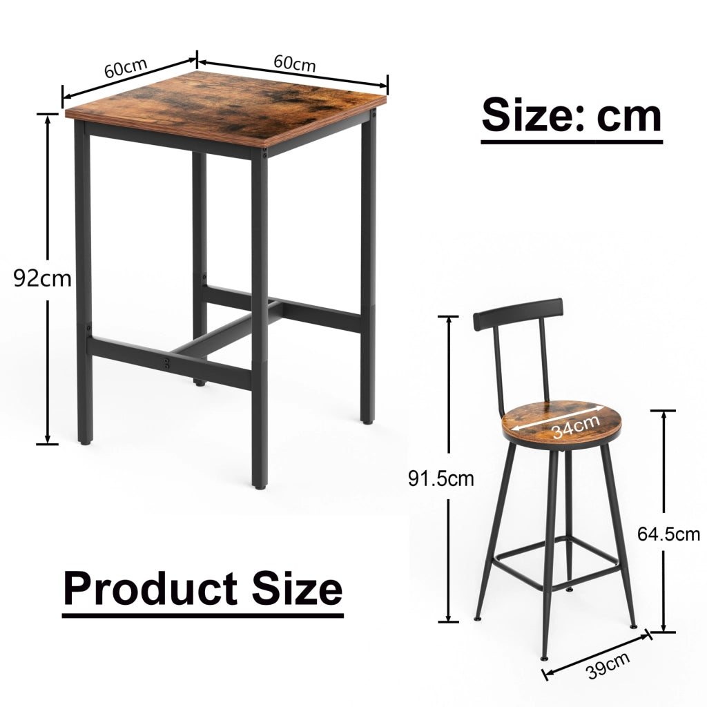 Set tavolo bar con 2 sgabelli industriale 60x60x92 cm