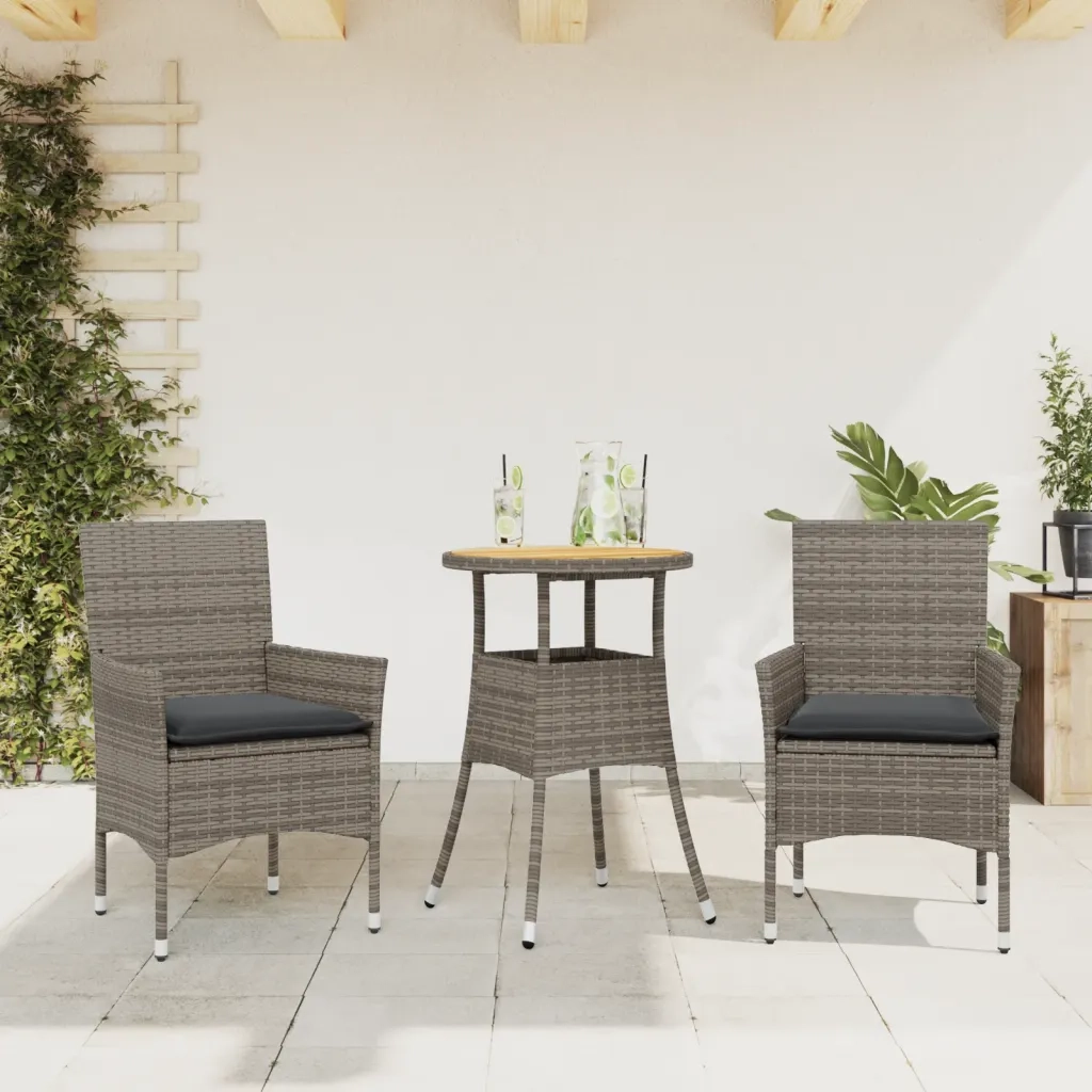 Set Pranzo da Giardino 3pz con Cuscini Polyrattan Acacia Grigio