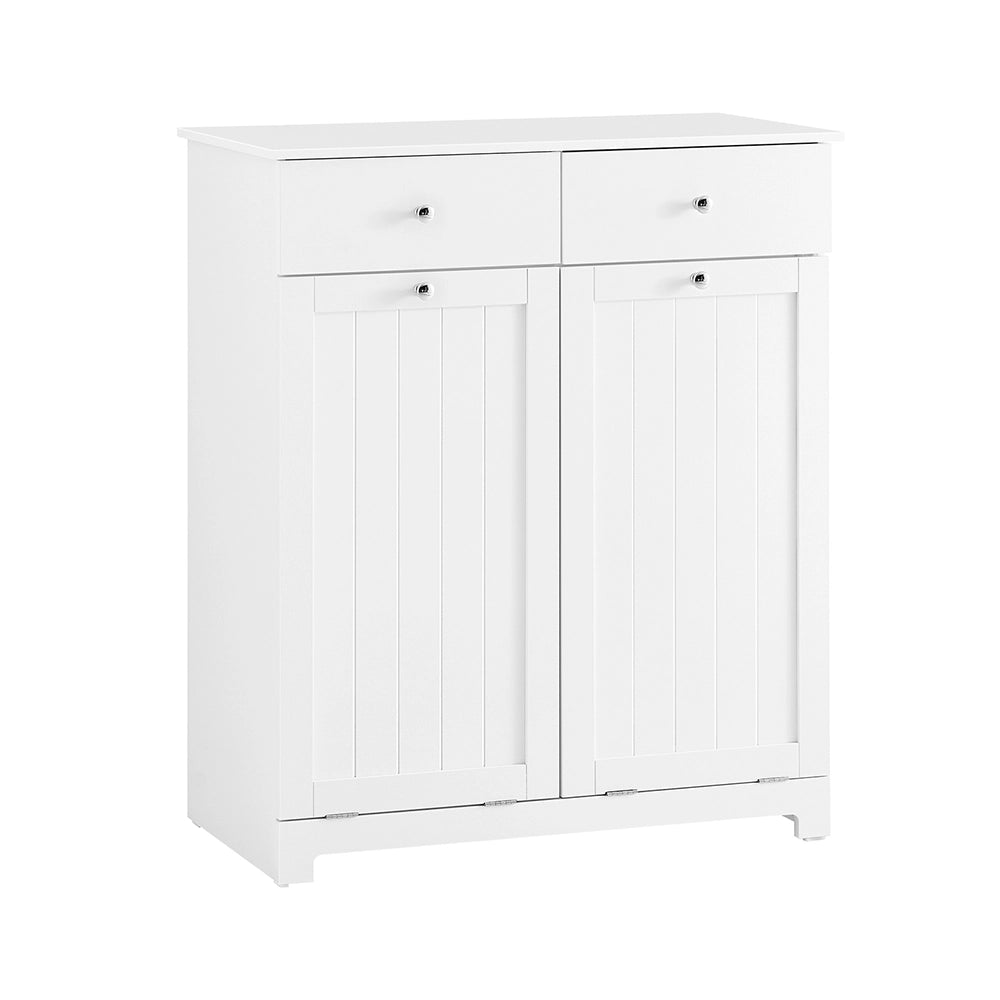 SoBuy Mobiletto bagno con portabiancheria - Mobile bagno salvaspazio con 2 cassetti e 2 sacchi estraibili - Mobiletto lavanderia per ingresso o cucina in Legna, Bianco, 78 x 38 x 90 cm, BZR33-II-W