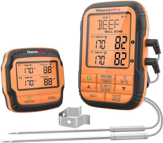 Termometro Grill a Raggio Infrarosso Senza Fili con 2 Sonde e Portata di 150m - IPX4 Resistente all'Acqua
