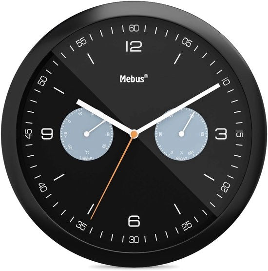 Orologio da muro in cristallo con termometro e igrometro / Plastica / Rond / Modello: 16100 / Colore: Nero, 26 cm di diametro
