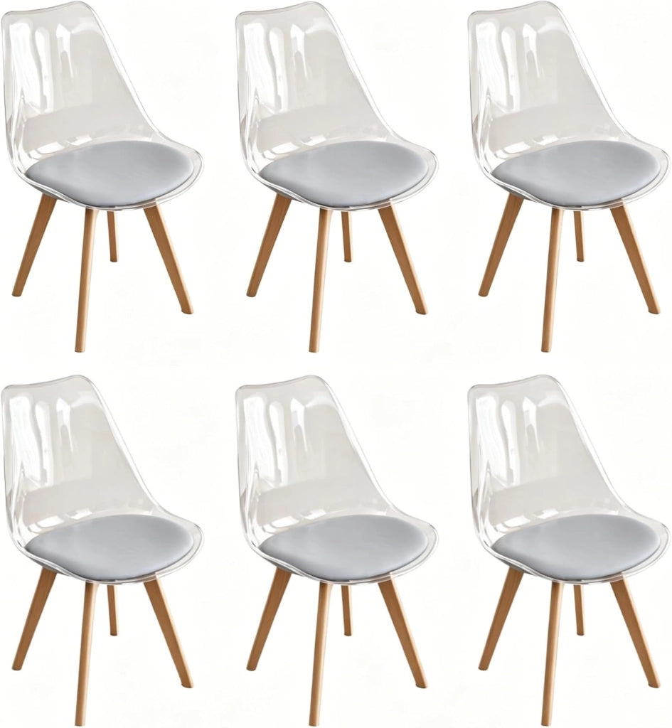 GrandCA HOME Set di 6 Sedie da Pranzo Nordiche con Schienale Trasparente, Sedia Imbottita con Sedile Imbottito in Tessuto di Lino (Grigio-PU)