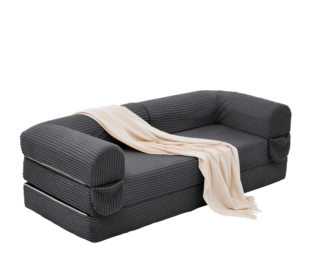 Divano letto 2 posti convertibile in tessuto corduroy, design salvaspazio con struttura bassa, grigio