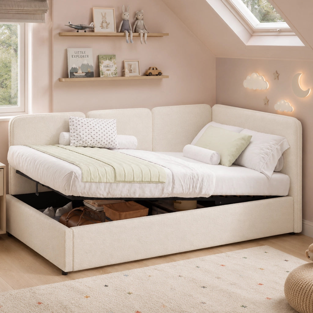 Letto per bambini 90 × 200 cm con contenitore idraulico, senza materasso, in bouclé, beige