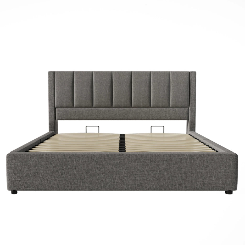 Letto imbottito 140x200 cm grigio con materasso H3, ricarica USB-C e contenitore