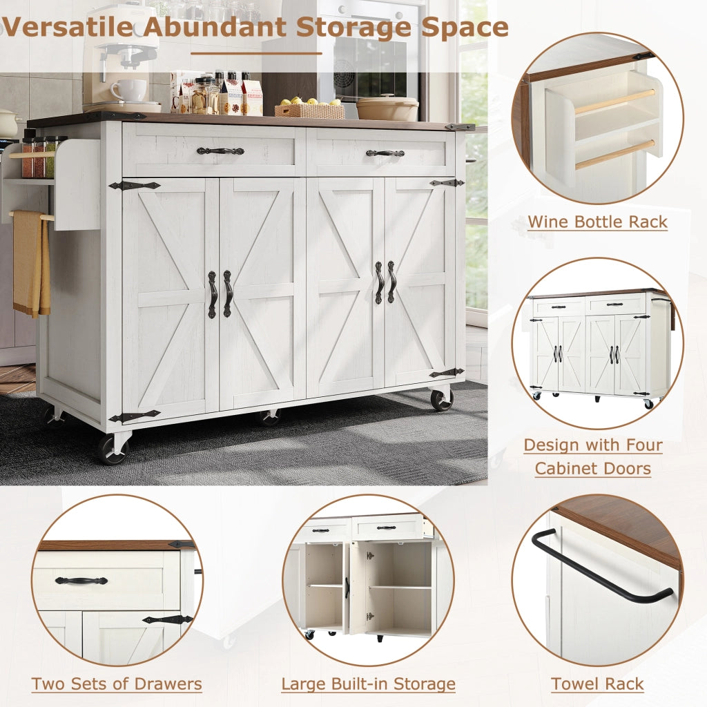 OKWISH Isola da Cucina con 4 Ante e 2 Cassetti, Piano Pieghevole, Portasciugamani e Ruote, per Cucina, MDF, Bianco