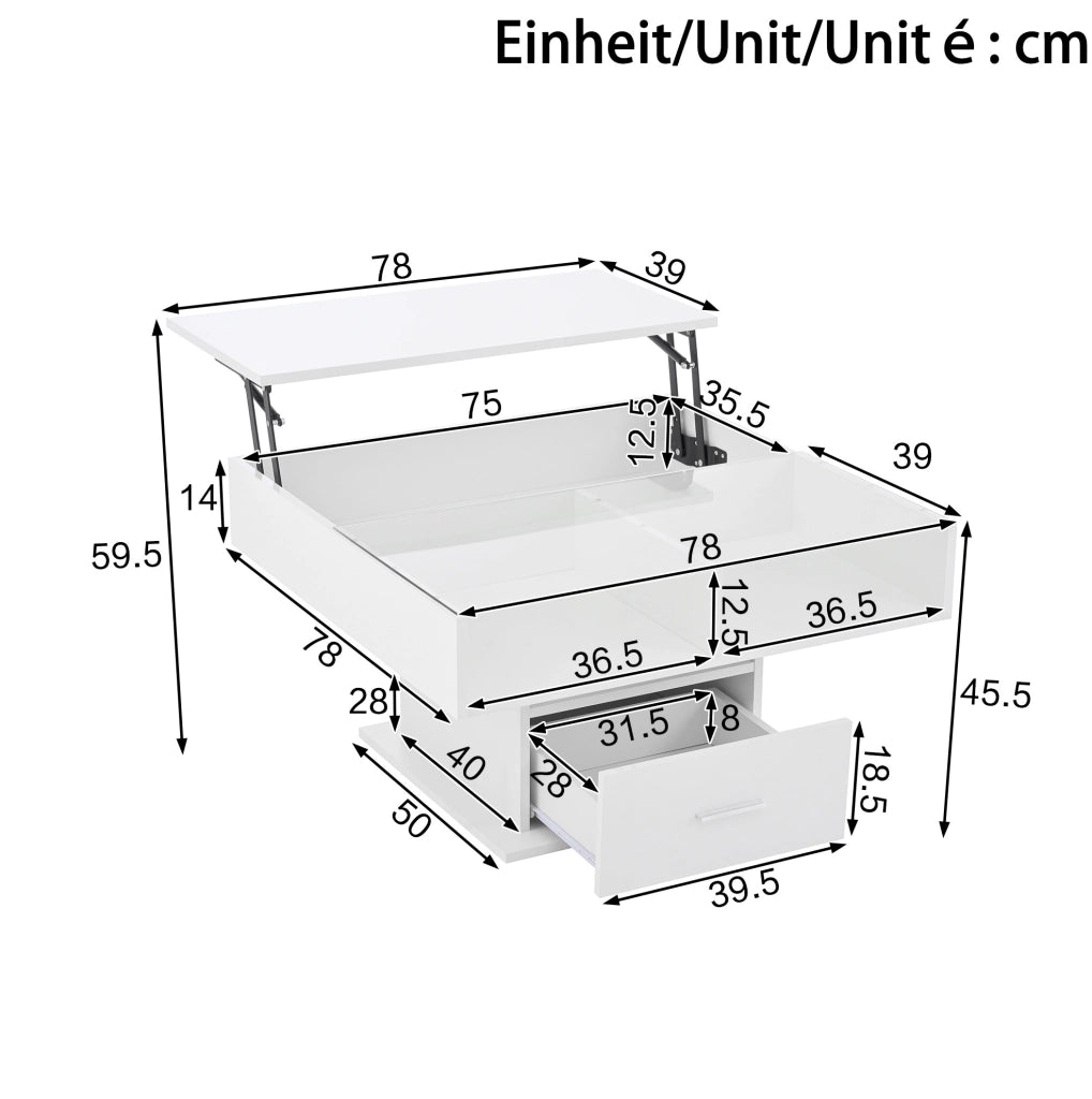 Tavolino da caffè lift-top in pannello truciolare bianco lucido; 78x78 cm; con LED e spazio contenitivo