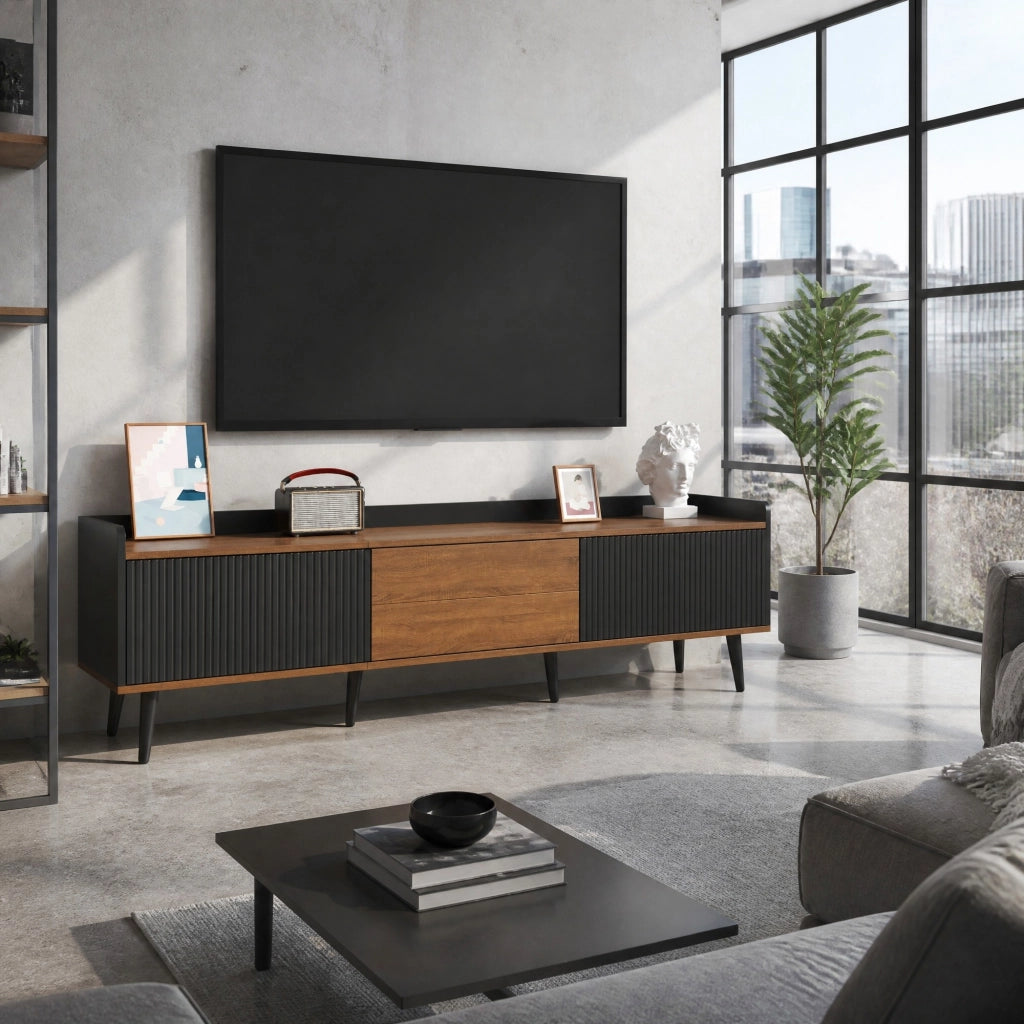 Mobile TV a 3 ante con struttura compatta, nero e finitura naturale