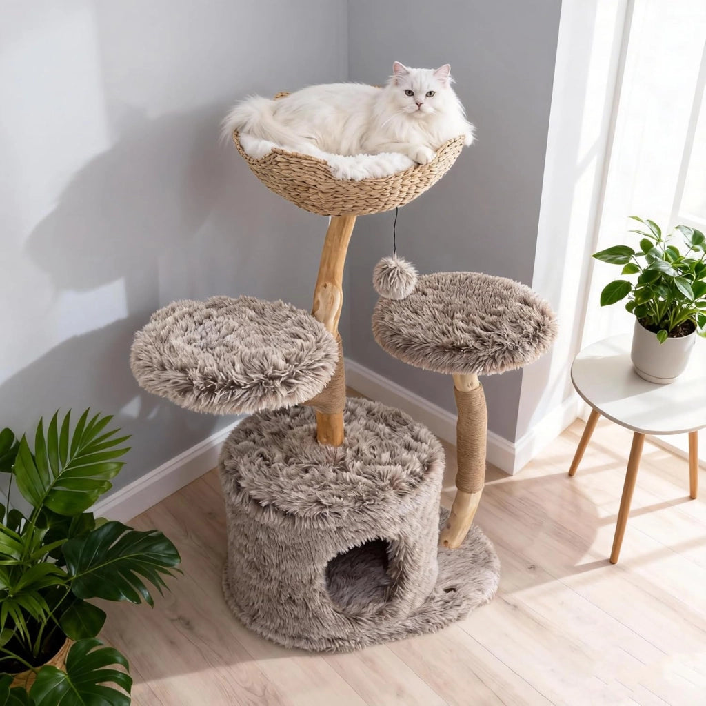 Tiragraffi per Gatti in Legno, 105 cm con 2 Posatoi e 1 Cuccia Grotta in Peluche, 1 Cesto di Vimini, 1 Pompon, Corda in Juta e Tronchi Naturali, Alberi per Gatti Stabile, Marrone