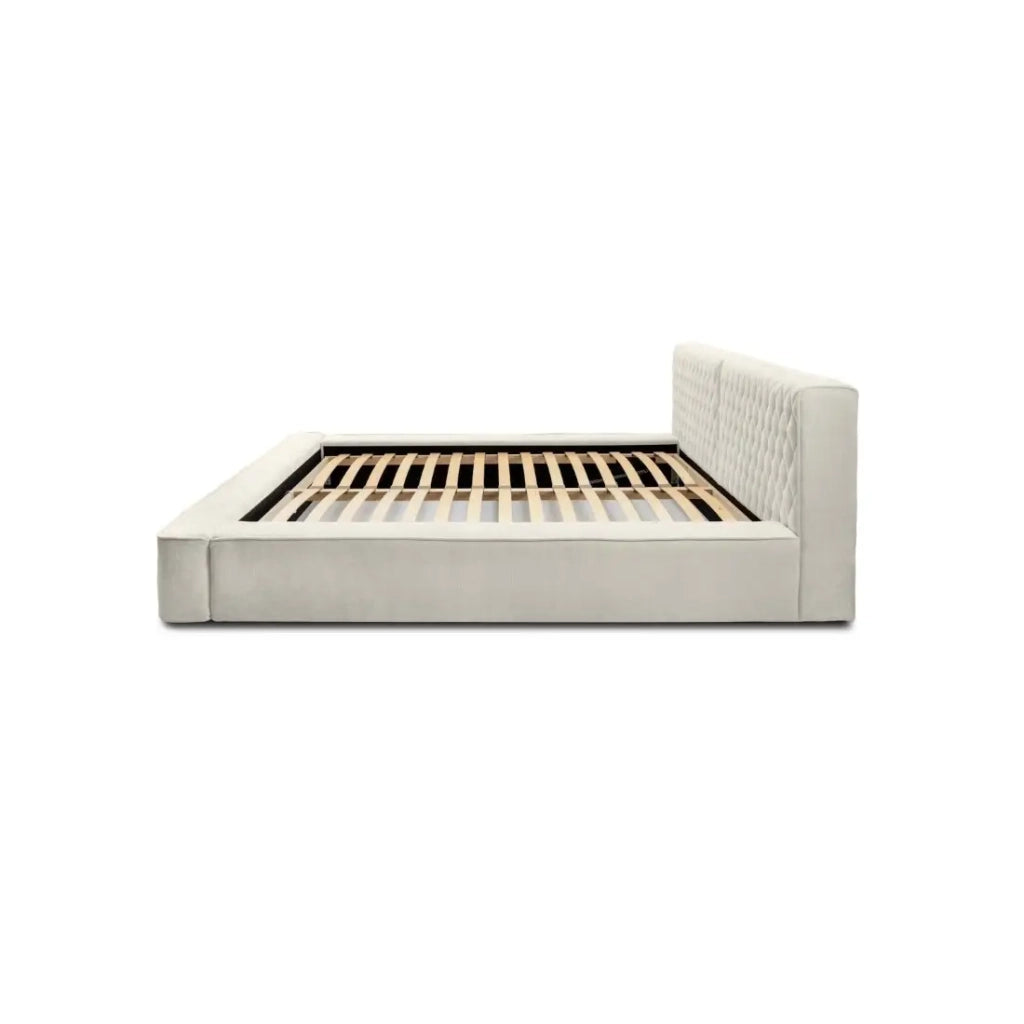 Letto contenitore VERNON – Tessuto ciniglia bouclé Lino naturale – 160x200 cm – Rete sollevabile – Design di alta gamma