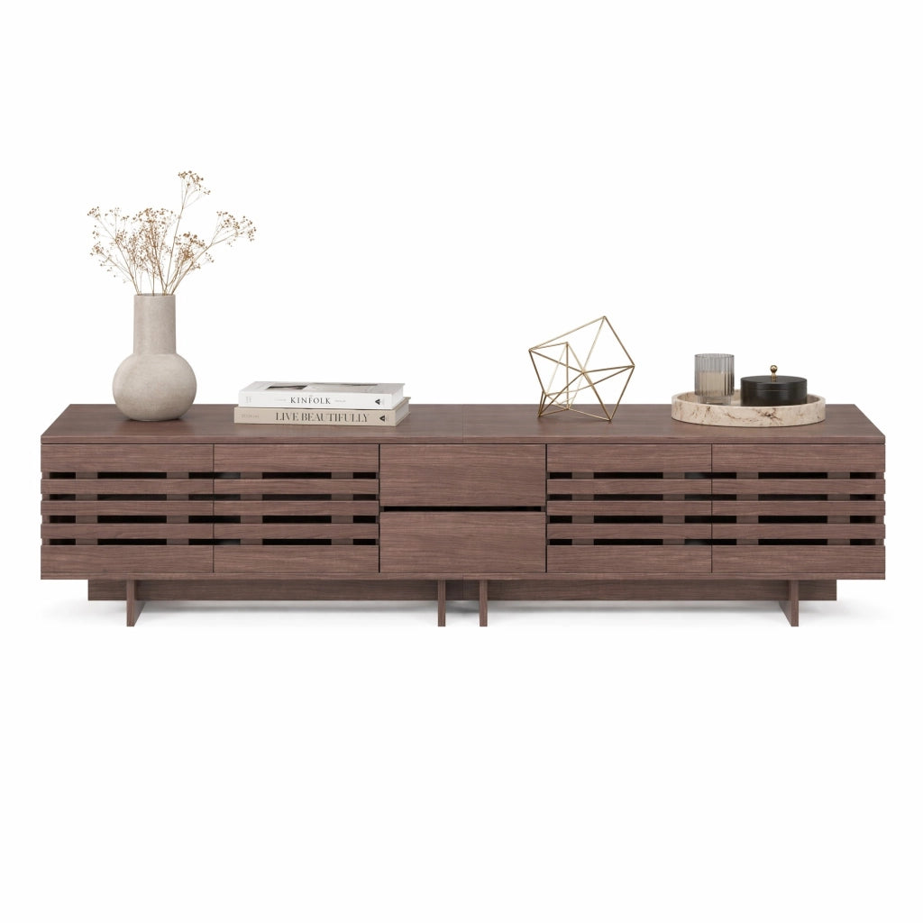 Mobile TV moderno in effetto noce, 200 x 39,5 x 55 cm, con 2 cassetti, 4 ante e 6 vani contenitori