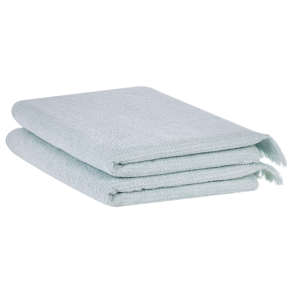 Set di 2 asciugamani bagno in spugna di cotone verde menta con nappe decorative