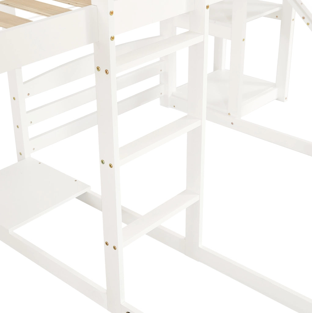 Letto a castello 90x200 cm con scivolo; tetto e 3 posti letto in legno e MDF bianco
