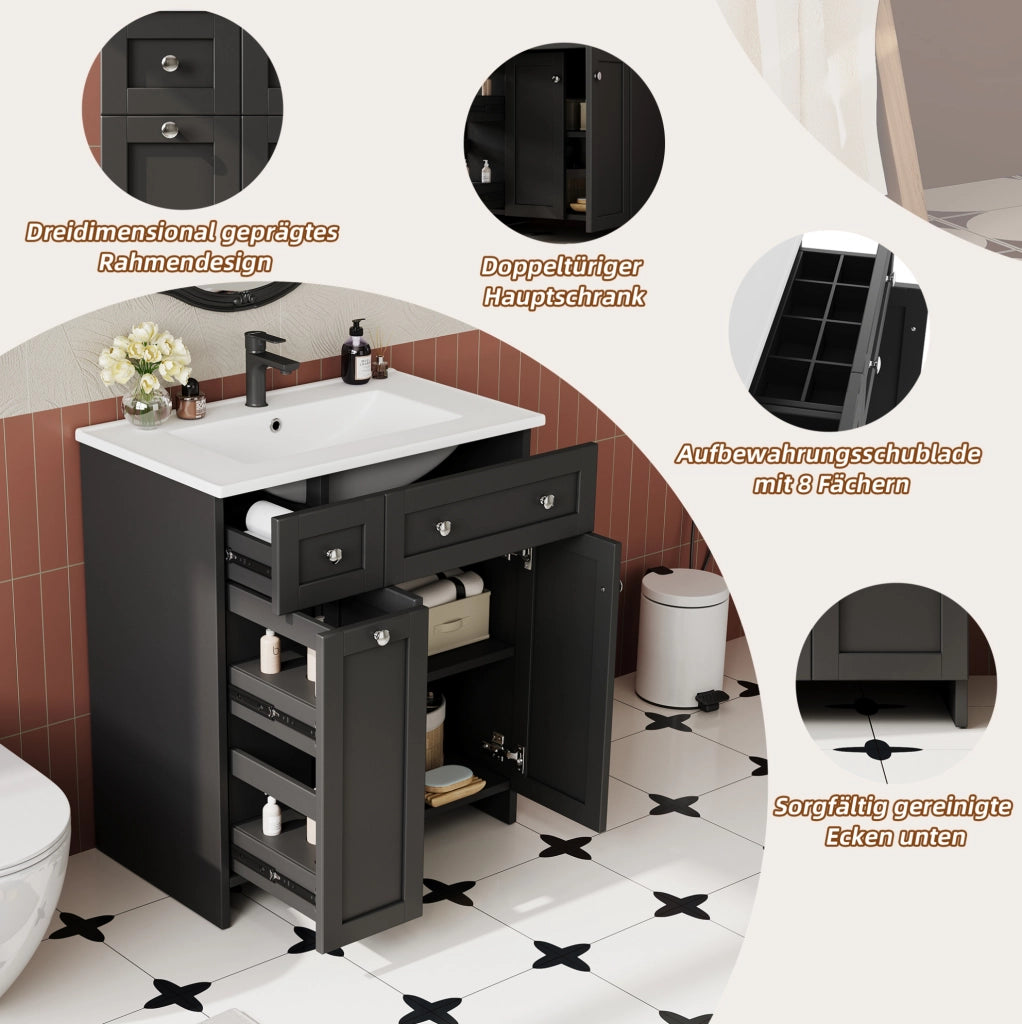 Mobile bagno freestanding nero con lavabo in ceramica, 3 cassetti e anta, 76x47x86 cm
