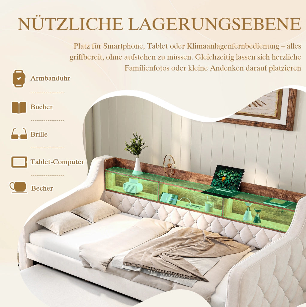 Divano letto estraibile 90x190 cm in velluto beige con LED e USB-C
