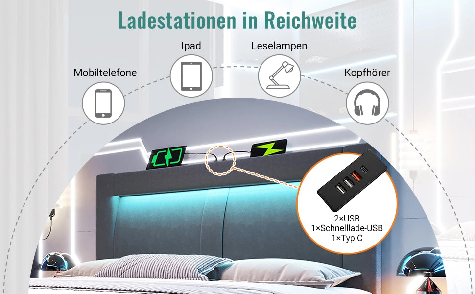 Letto Contenitore Matrimoniale con LED ¨C MINIMAL ¨C Velluto Grigio 140x200, Idraulico, USB, con Materasso