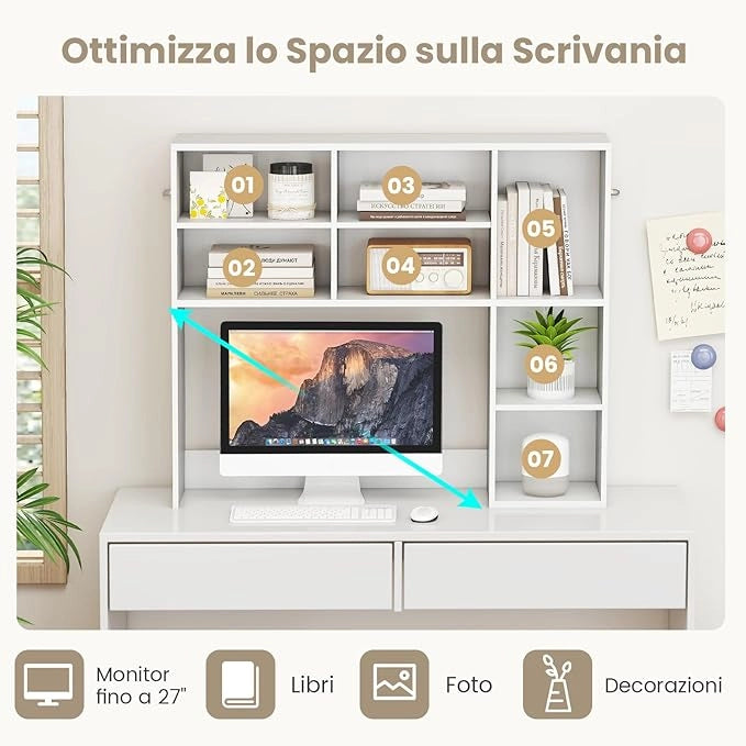 Libreria da Scrivania, Scaffale per Scrivania con 3 Ripiani Regolabili e Scomparto Aperto per Monitor 27", Organizzatore di Spazio per Casa Ufficio Dormitorio, 94x25x79 cm (Bianco)