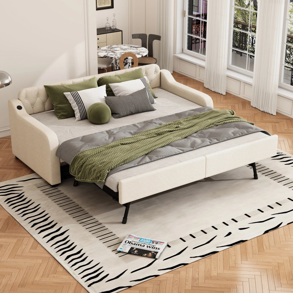 Divanoletto 90x200 cm con letto estraibile e presa USB, tessuto beige