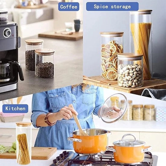 Set di contenitori in vetro a luce trasparente con coperchio in bambù per spezie, ossi, polveri, zucchero e spaghetti (8,5 * 10 CM; 400 ML)
