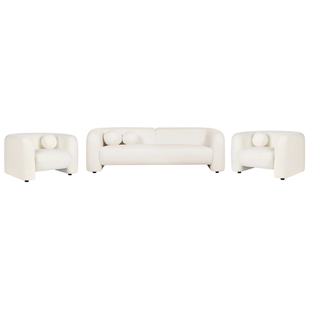 Set da salotto composto da divano a 5 posti e 2 poltrone in tessuto bouclè bianco con cuscini aggiuntivi stile glamour retrò soggiorno