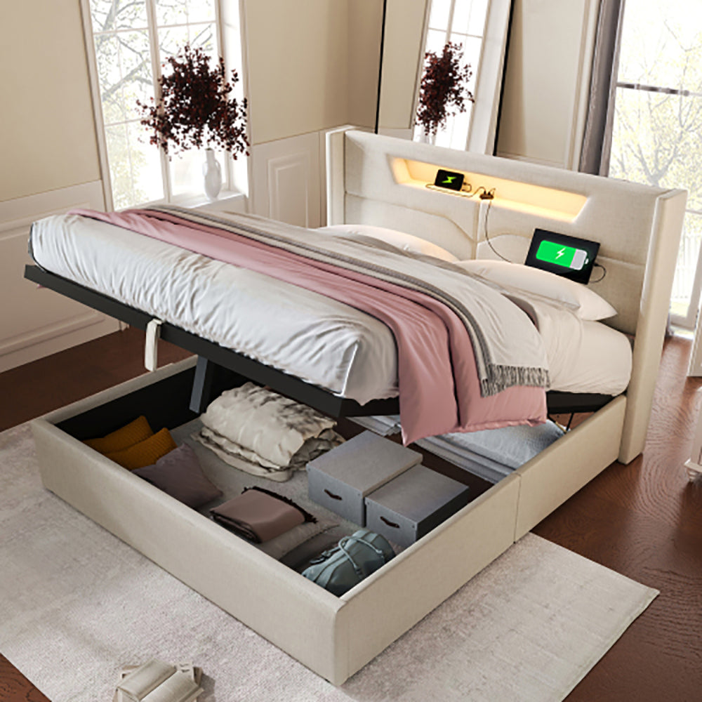 Letto matrimoniale a LED - Xylo - 160x200cm - Beige - Con funzione di ricarica USB