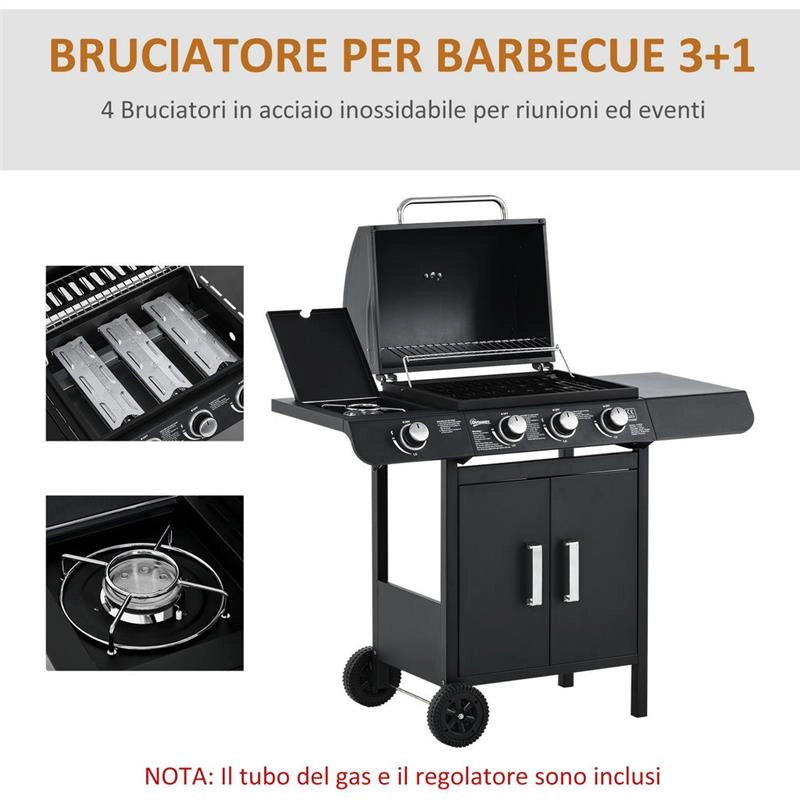 BARBECUE A GAS CON COPERCHIO, 4 BRUCIATORI DA 11.6KW, FORNELLO, MENSOLA E 2 RUOTE, 110X50X100 CM NERO