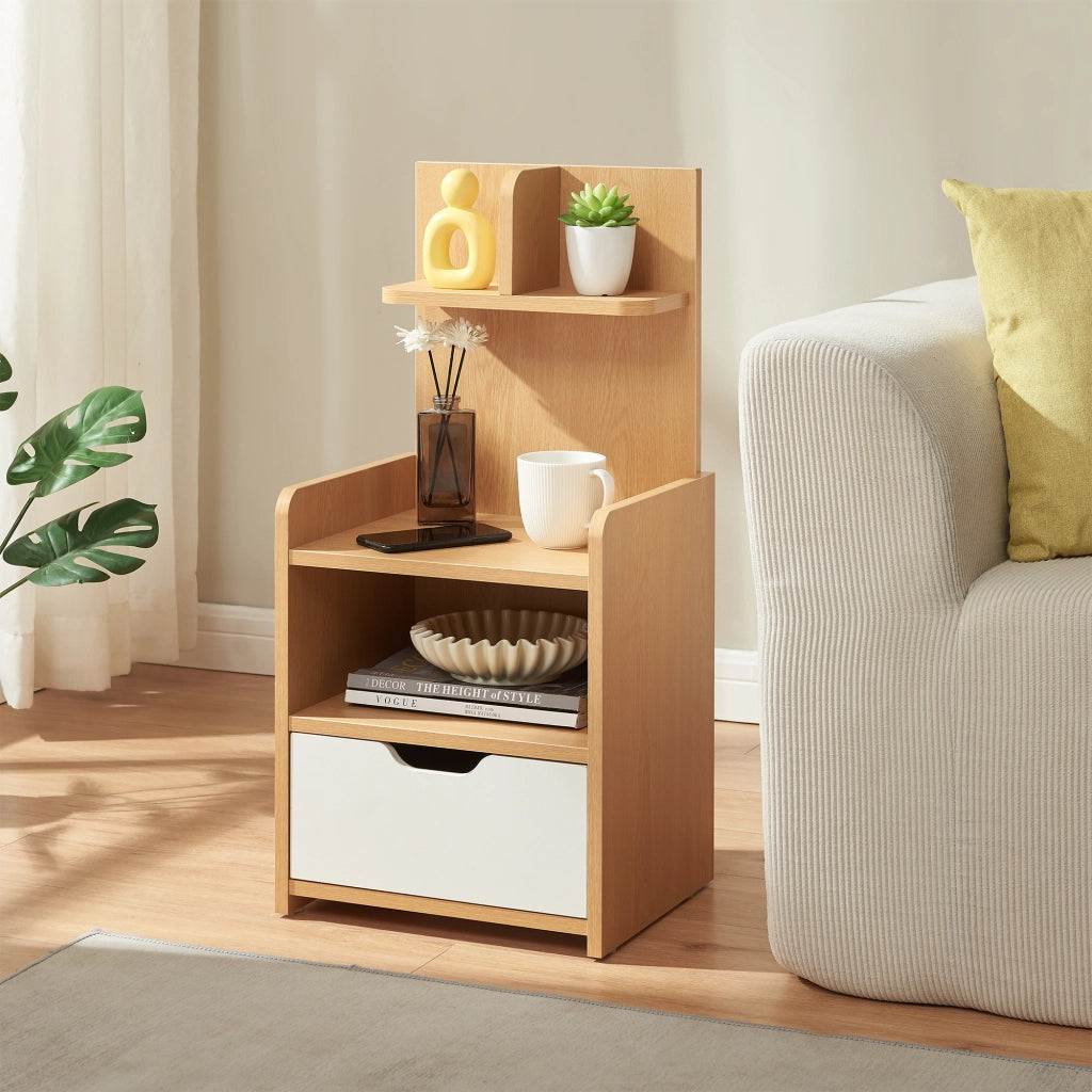 Comodino Bordkak con Cassetto Scomparto Aperto e 2 Ripiani 75 x 35 x 30 cm - Effetto Rovere / Bianco [en.casa]