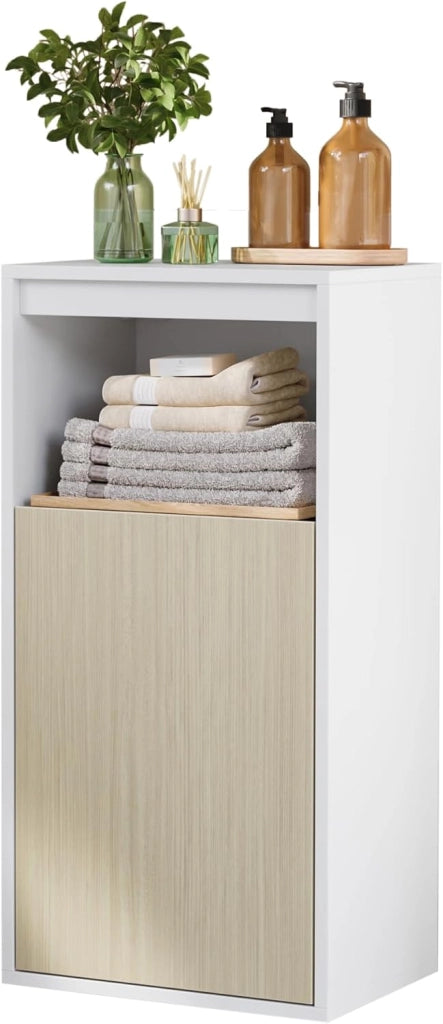 VASAGLE KAILYN Collezione - Mobiletto da Bagno, Mobile da Parete o Terra, Ante a Apertura Regolabile, 7 Scomparti, 3 Ripiani Regolabili, 30 x 40 x 160 cm, Bianco Nuvola e Beige Naturale BBK762N01