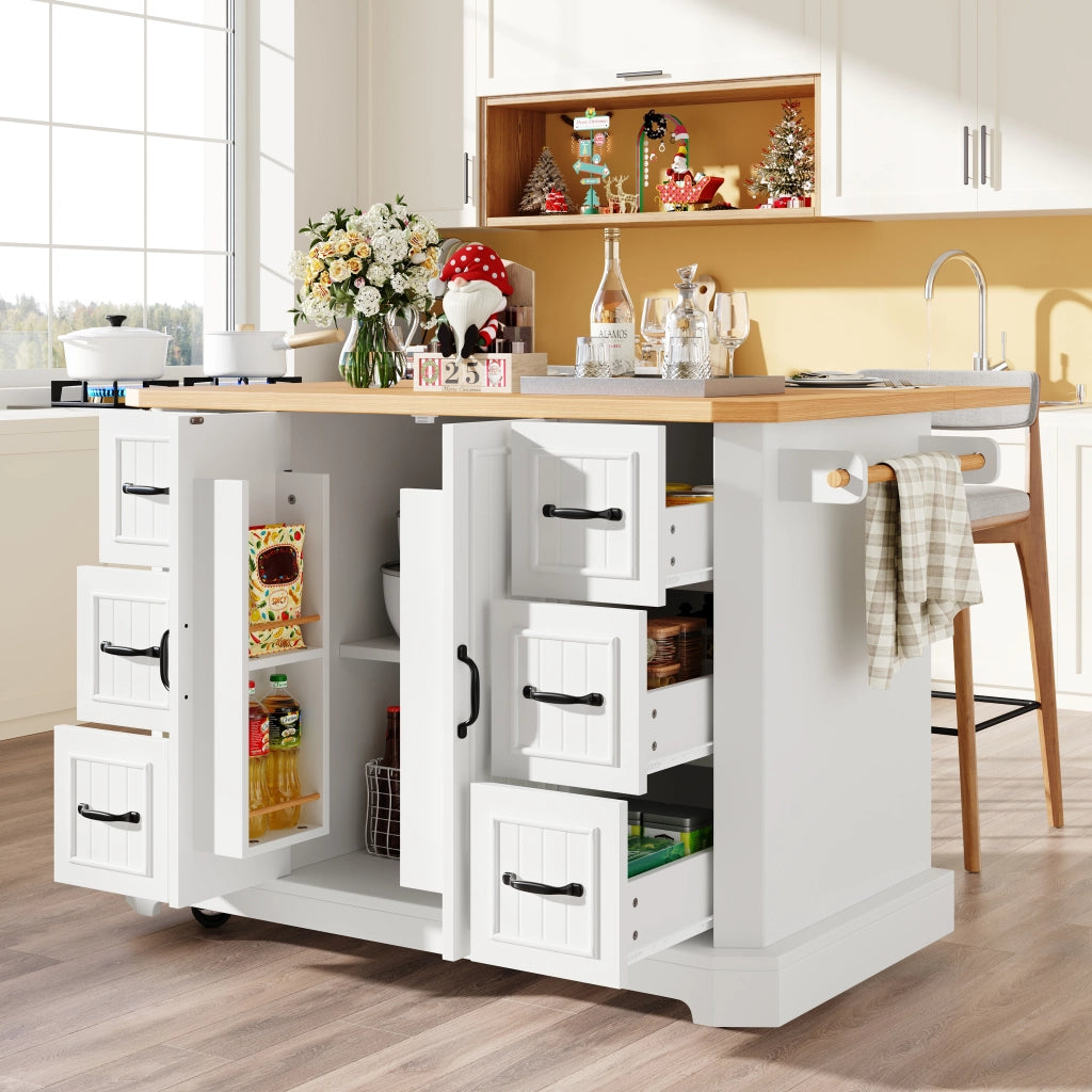 Isola da cucina mobile - Zephmum - 120x45x91 cm - Bianco/Nero - Con 2 ante e 6 cassetti, ruote