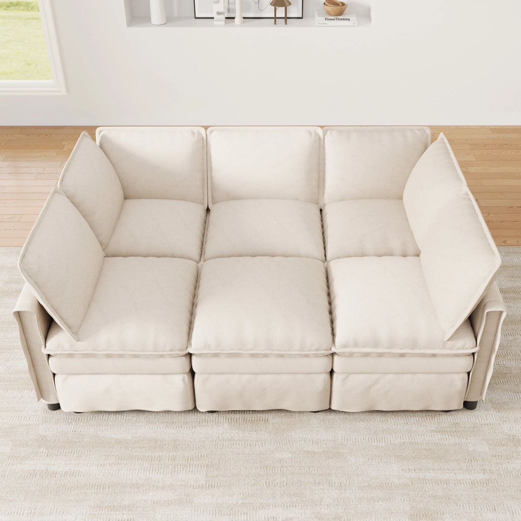 Divano modulare a U con funzione letto e pouf mobile in chenille beige con seduta doppia 6 posti 344 × 127 × 91 cm