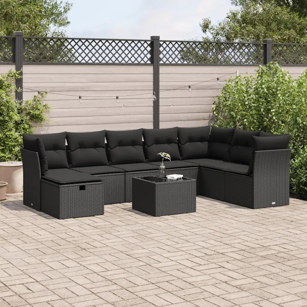 vidaXL Set Divani da Giardino 9 pz con Cuscini Nero in Polyrattan