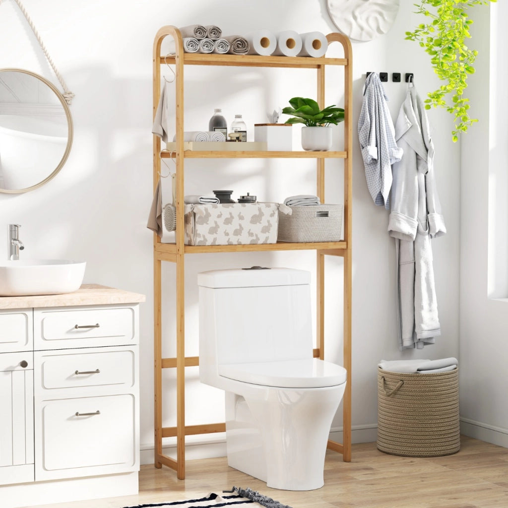 Organizzatore per bagno in bamb¨´ a 3 livelli con ripiani a 5 posizioni-Scaffale di stoccaggio sopra il WC per lavanderia Naturale