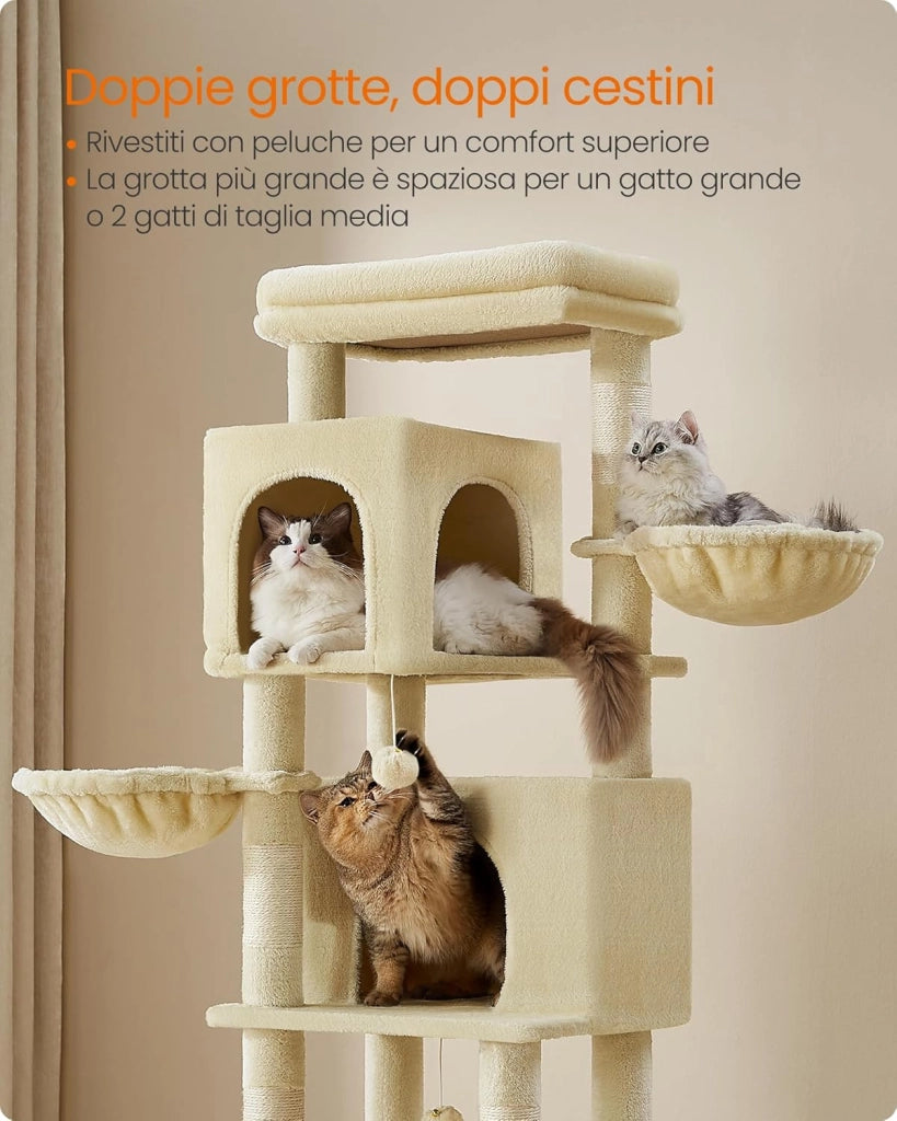 Feandrea Albero per Gatti Grande, Torre Tiragraffi Alto 175 cm, Multilivelli con 2 Grotte, 2 Cestini, 5 Graffiatoi, Autospazzola, Trespolo, Amaca, Beige Sabbia PCT182Y01