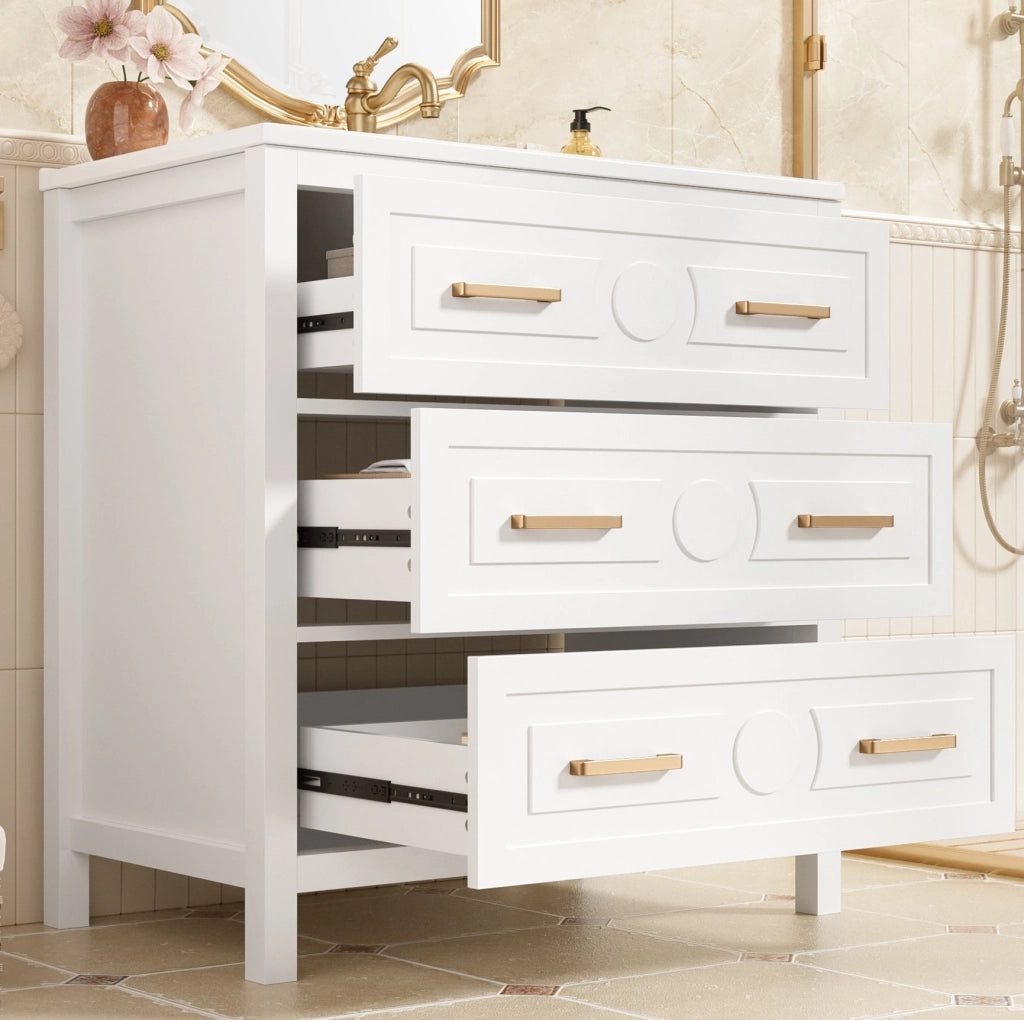 Mobile lavabo freestanding bianco 76,5x47x82 cm in MDF e ceramica con 3 cassetti