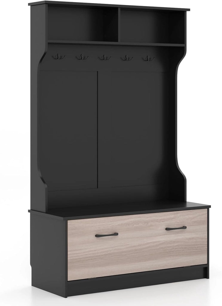 Armadio con Appendiabiti Multifunzionale, con Panca 5 Ganci Doppi, Organizzatore di Casa Indipendente per Ingresso Camera da Letto, 100x39x160 cm (Nero)