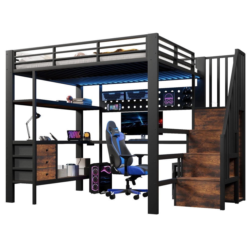 Letto a Soppalco con Scrivania, Cassetto, LED e Presa ¨C Xylo ¨C 140x200, Metallo, Nero