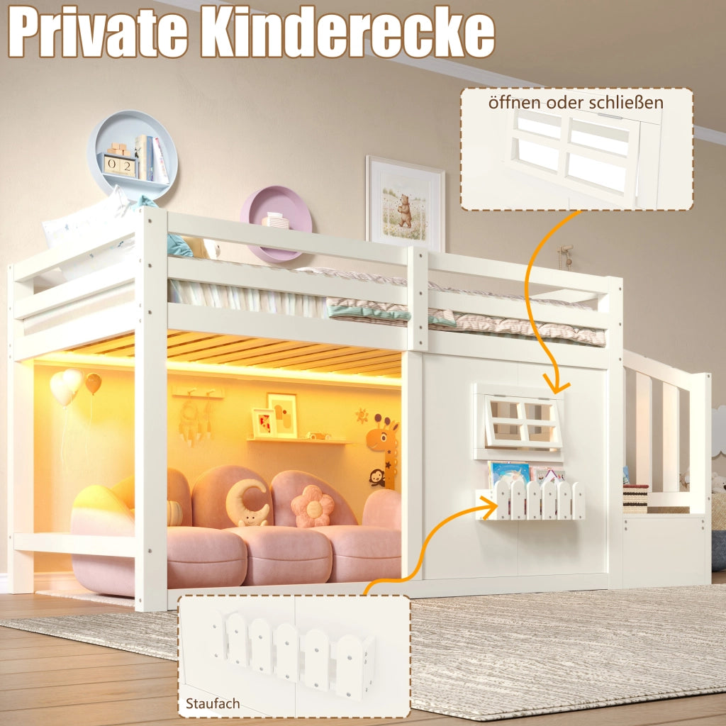Letto a soppalco 90x200 cm in pino e MDF con scala contenitore e LED; bianco