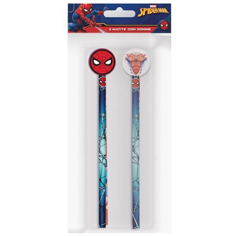 Trade Shop - Kit 2pz Matite Con Gomma Rotonda Grafica Spiderman Per Disegno Scuola Bambini 960795 -