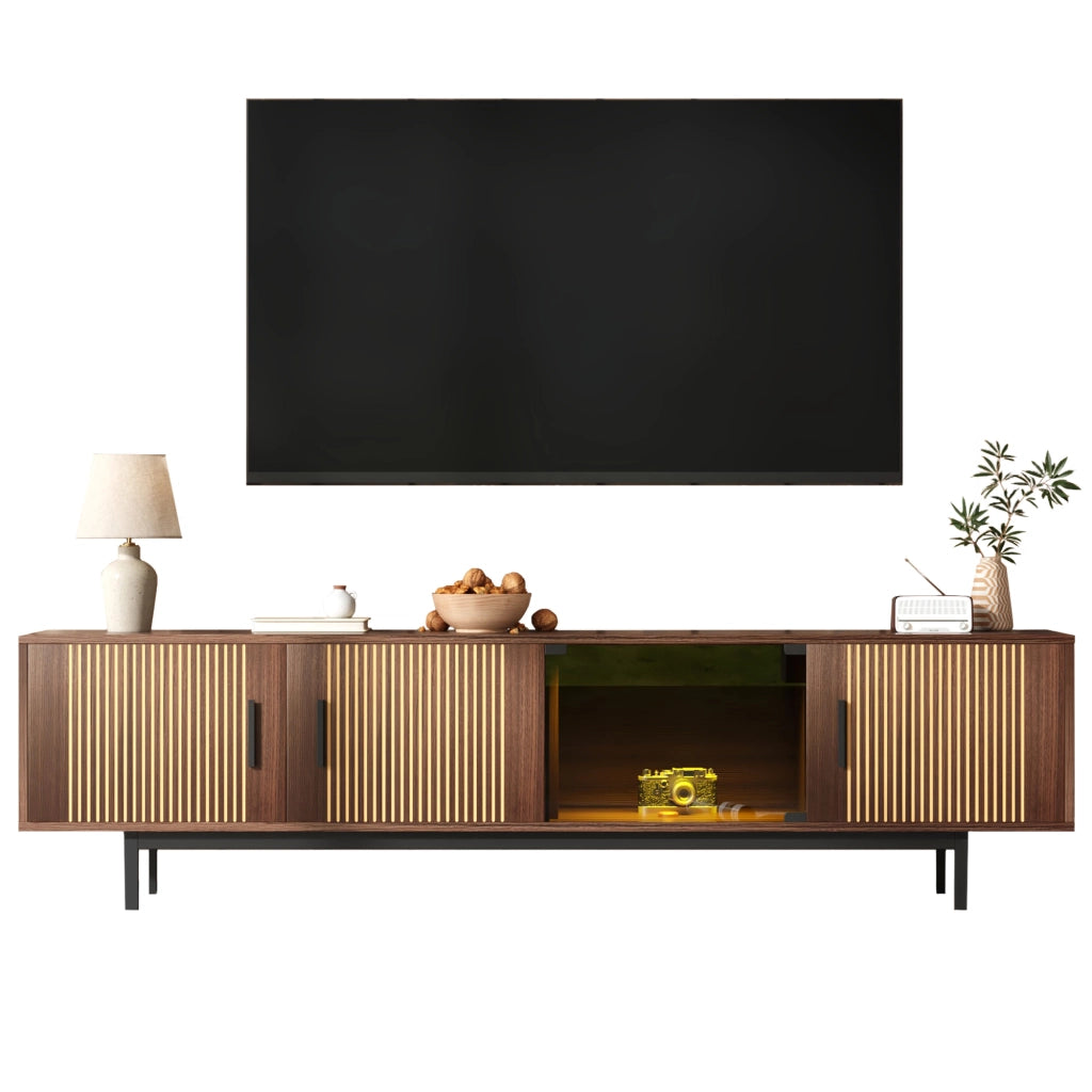 OKWISH Mobile TV con 2 Ante in Vetro Temperato e LED, Stile Moderno, MDF, Nero e Noce, 200 x 35 x 53 cm