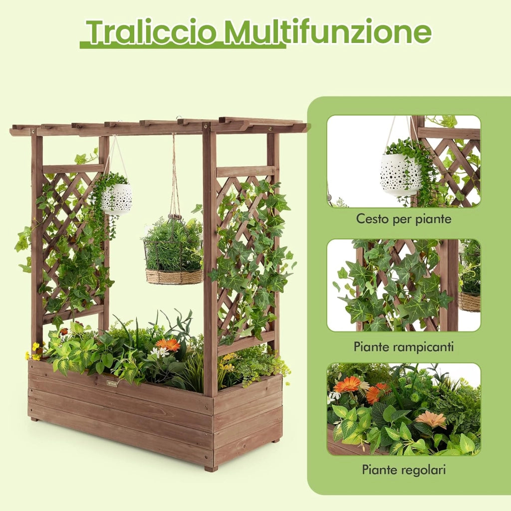Fioriera da Esterno con Grigliato, Letto Rialzato da Esterno per Piante Rampicanti con Traliccio e Fori di Drenaggio, Aiuola Elevata da Giadino e Cortile, 100 x 44 x 113,5 cm (Marrone)