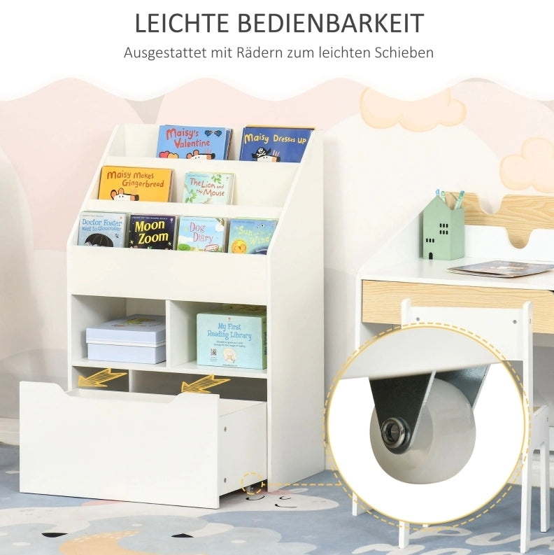 Libreria per bambini bianca con cassetto e ripiani, 60x29,9x90 cm