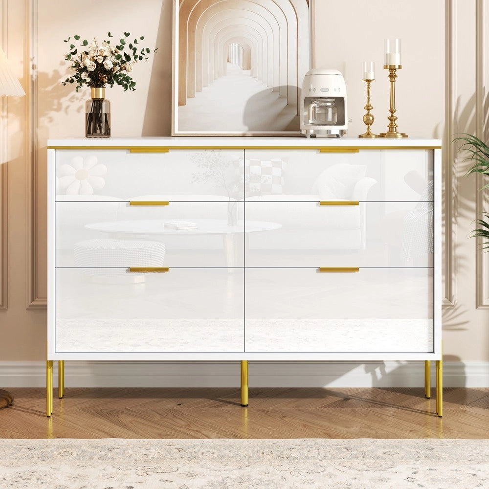 Credenza Moderna con 6 Cassetti ¨C MINIMAL ¨C Bianco e Oro, Frontali Lucidi, Soggiorno