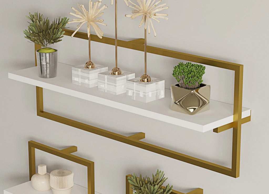 Mensola da parete in legno "Yeso" - 80 x 20 x 30 cm - Bianco, Oro