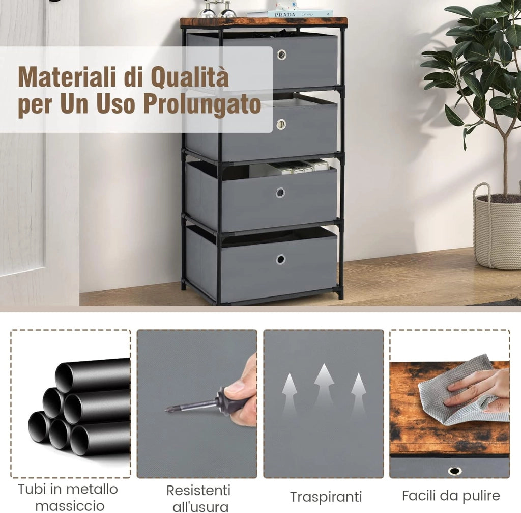 Cassettiera in Tessuto, Mobile con 4 Cassetti e Struttura Robusta in Metallo, Mobiletto Salvaspazio per Camera da Letto, Corridoio, Ingresso e Armadio, 42 x 33,5 x 84,5 cm (Grigio)
