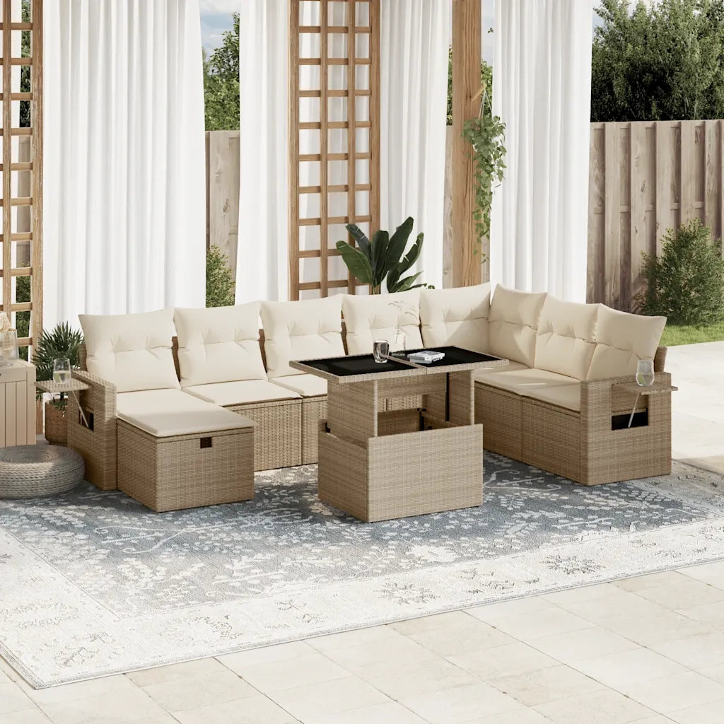 Set Divano da Giardino 9 pz con Cuscini Beige in Polyrattan